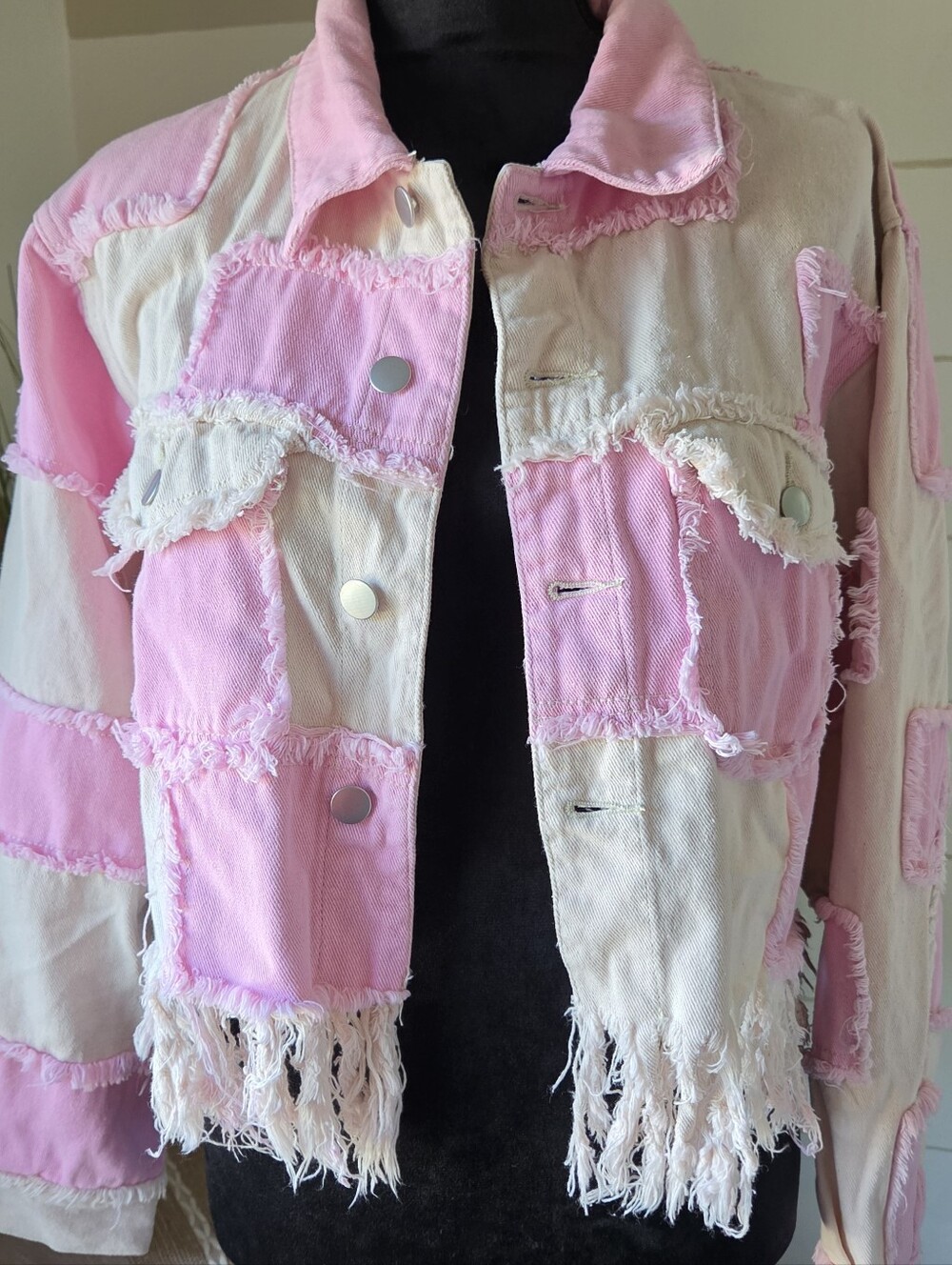 POL M Patchwork Frayed Denim Jacket Pink Crop Fringe Hem Western Boho Shacket